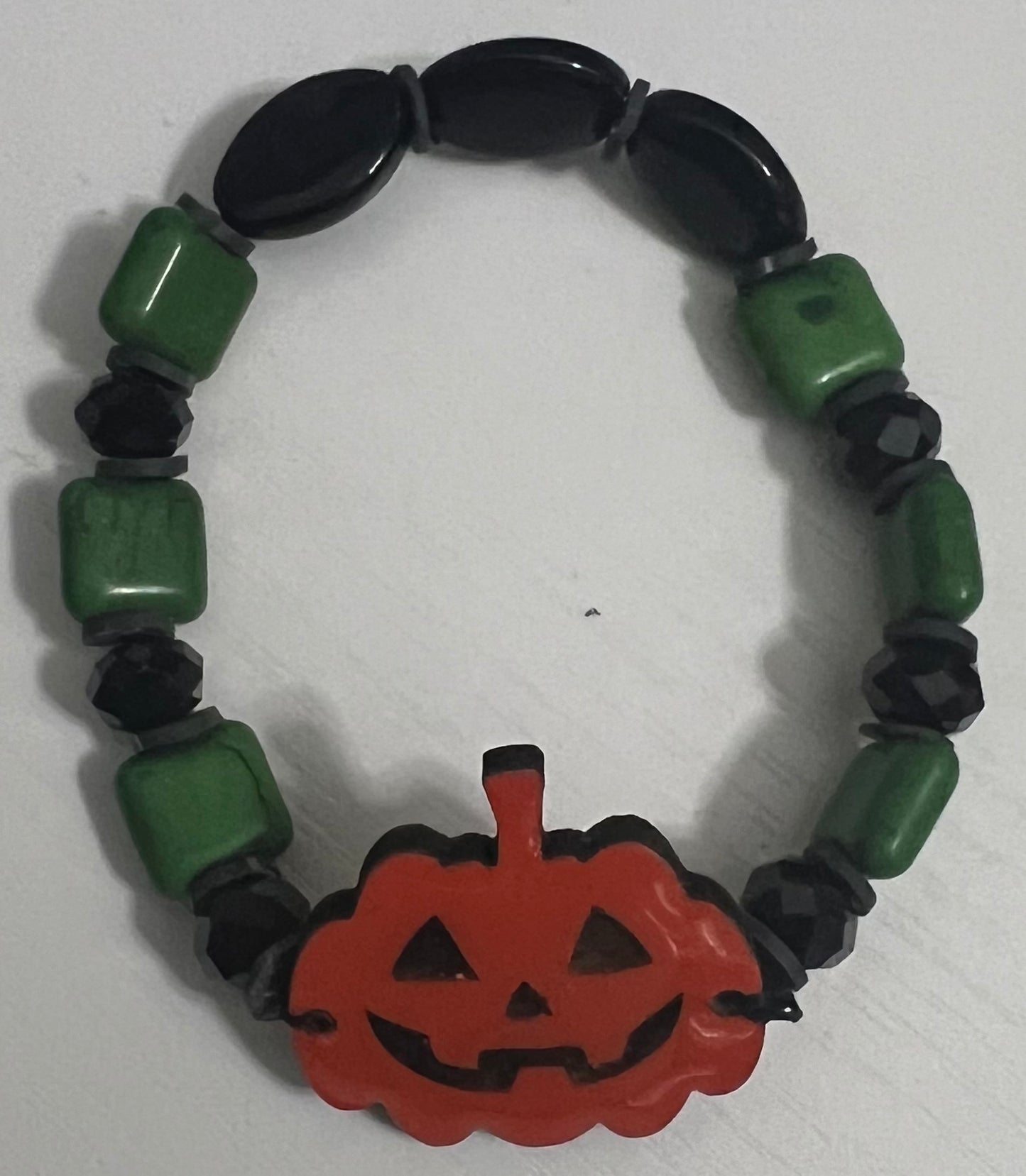 Bracelet Green and Black Beads Orange Pumpkin