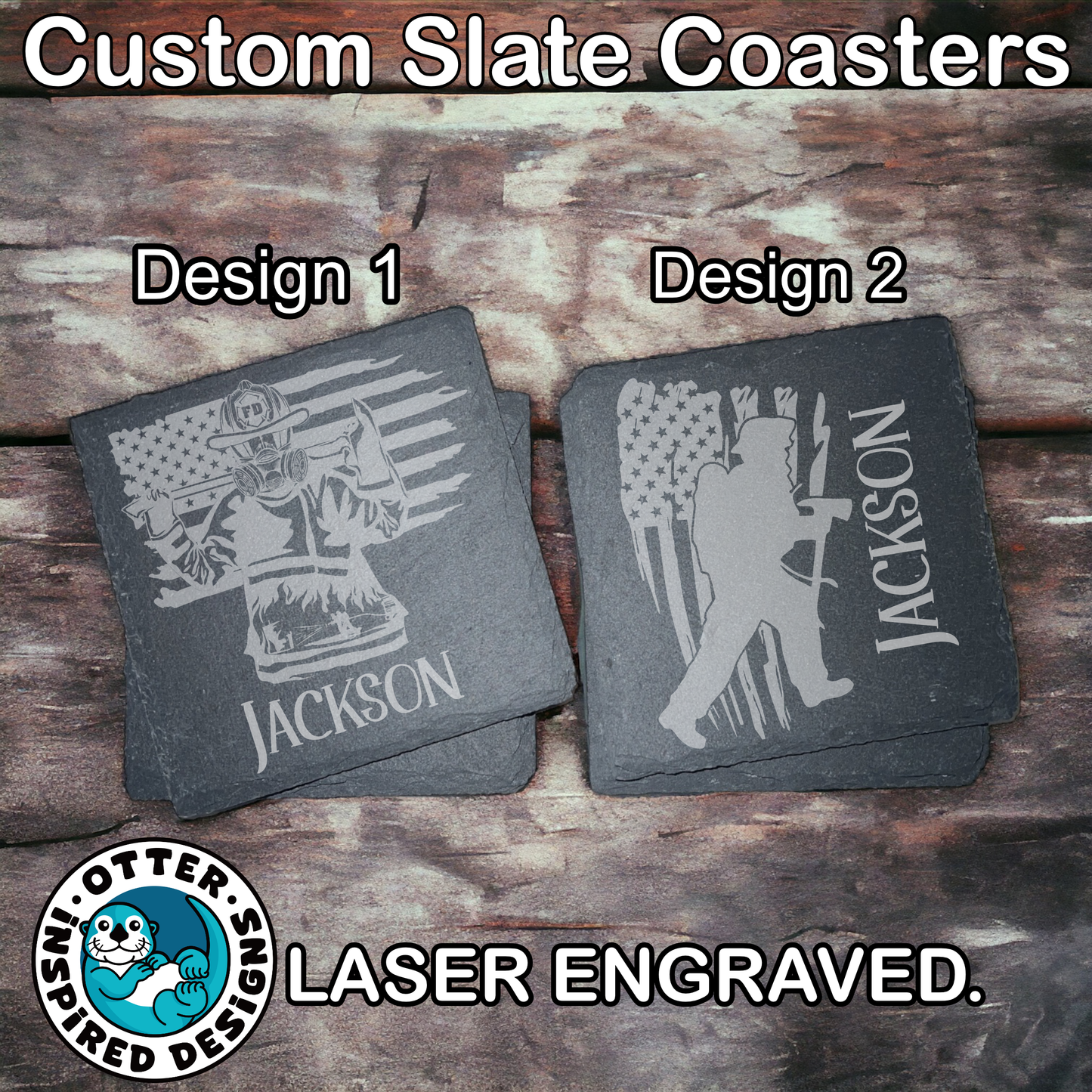 4 Inch Square - Laser Engraved - American Flag Fireman Slate Coaster