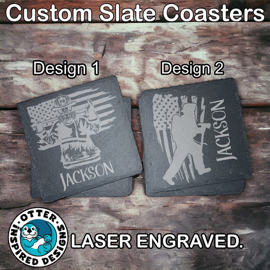 4 Inch Square - Laser Engraved - American Flag Fireman Slate Coaster