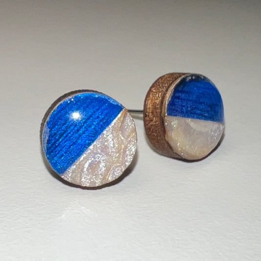 Half Blue/Silver Round Earring  w/ Gold Backing