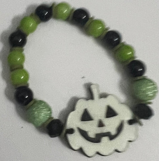 Green/Black Bead Bracelet  w/ Glow in the Dark Pumpkin