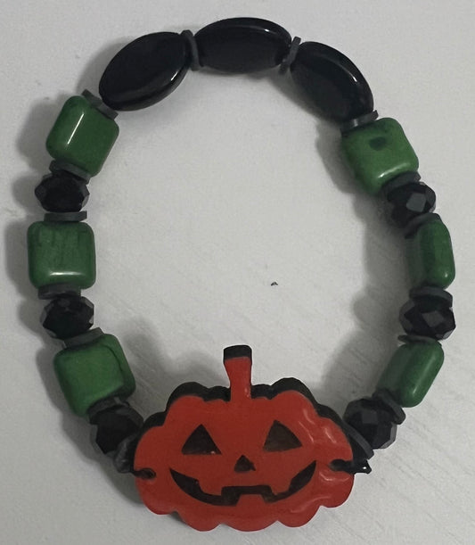 Bracelet Green and Black Beads Orange Pumpkin