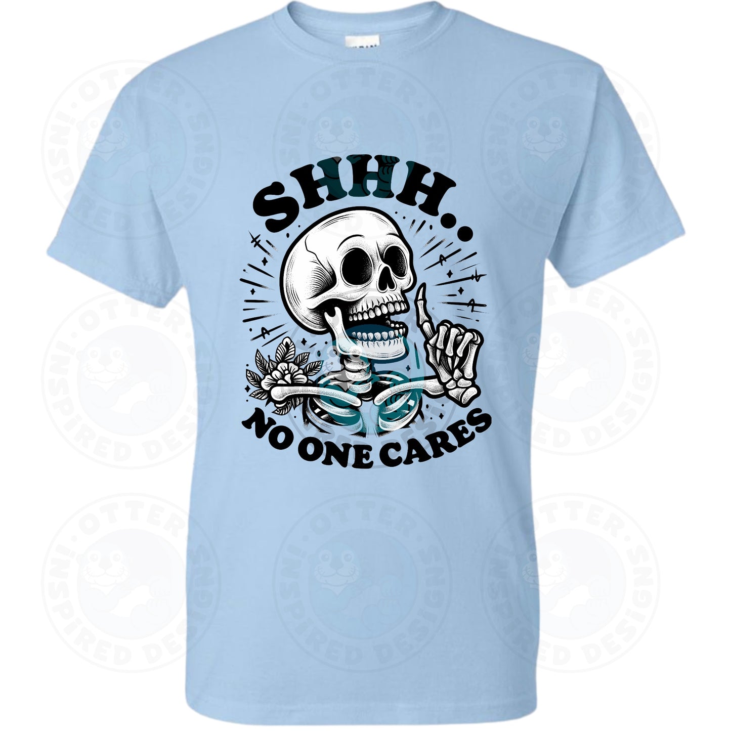 Light Blue Short Sleeve Shirt with DTF Design -Shhh... Skeleton